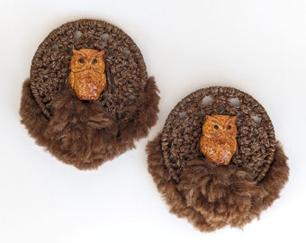Mid Century Vtg. Owl Macrame Wall Hangings- Handmade Circular Nylon Cord Ceramic Bead Centers Cottagecore Farmhouse Boho Forest Brown Orange