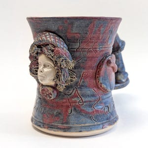 Vintage MICHAEL KENNEDY Pottery Mug- Abstract Musical Theme Figural Lady Face Handmade Studio Pottery Made in Ireland