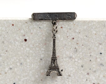 Vintage PARIS Eiffel Tower Dangle Charm Souvenir Brooch- World Travel Collectible France Europe Silver Tone Aged Patina
