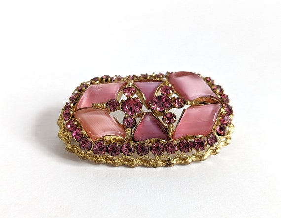 Older Vintage Pink Molded Glass & Rhinestone Broo… - image 3