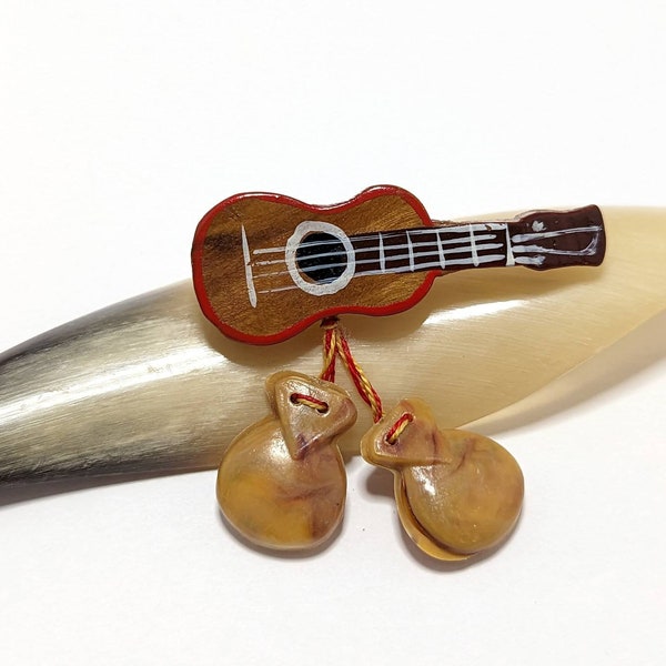 Older Vintage Wooden Guitar & Castanets Dangle Novelty Souvenir Brooch- Spanish Latin American Travel Music Musical Instrument Theme Jewelry