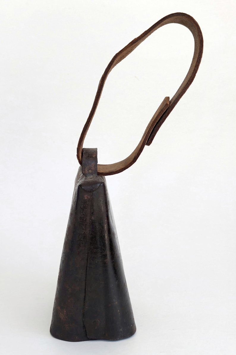 Older Vintage Primitive Cow Bell W/ Leather Strap- Fold Rivet Style ...