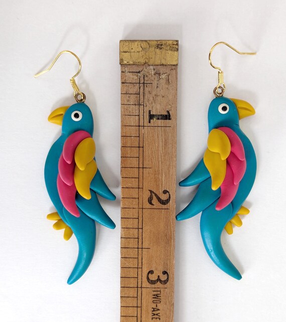 1990s Vintage Polymer Clay Parrot Earrings- Dangl… - image 9