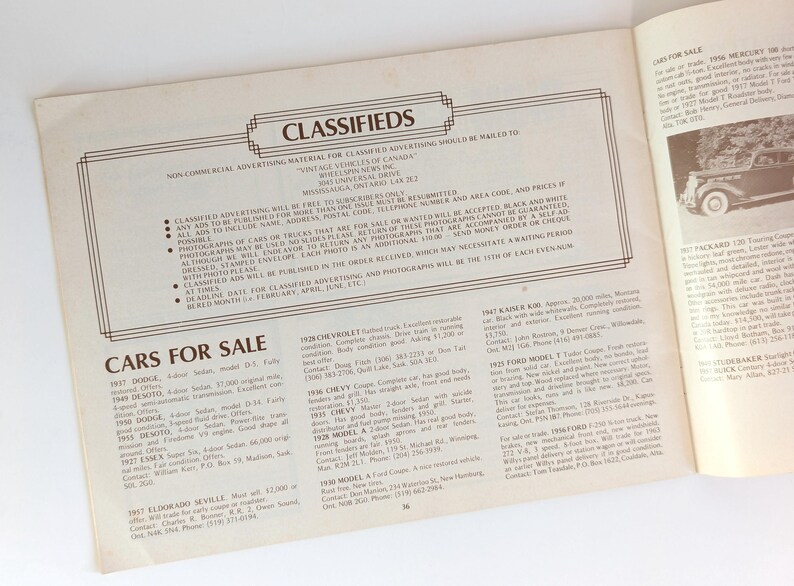 May include: A vintage car classifieds section from a magazine. The page features a list of cars for sale, including makes and models, years, and contact information. The text is in black and white, and the page is bordered by a black line.