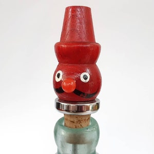 Cute 1960s Vintage Novelty Bottle Cork Stopper / Liquor Pourer- Red Man in a Hat Red Kitsch Barware Bar Accessories Stainless Steel Spout