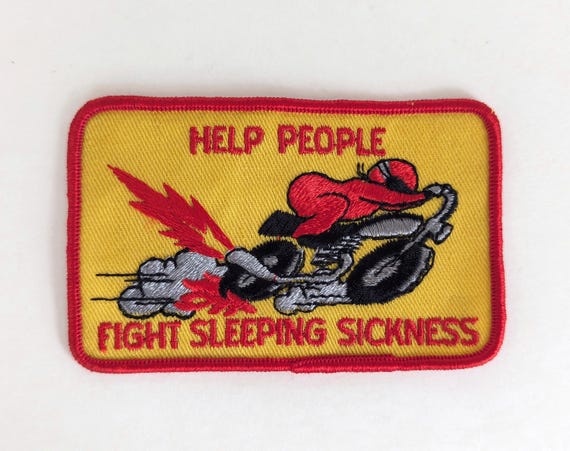 VTG 1970s/80s "Help People Fight Sleeping Sickness" Motorcycle Racing Embroidered Patch- Novelty Clothing Accessory Craft Sewing Supplies