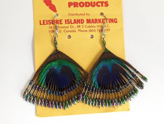 Funky Vintage Peacock Feather & Bead Earrings- Da… - image 2