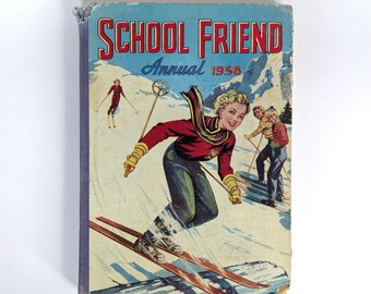 Vintage 1958 "School Friend Annual" Hard Cover Book- Story & Comic Collection The Fleetway House Collectible Ephemera Upcycle