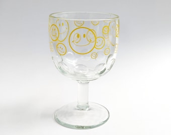 Vintage Bartlett Collins Smiley Face Glass Goblet w/ Thumbprint Detail- Mid Century 1970s Yellow Clear Glass Drinkware Barware