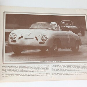 May include: A black and white photo of a silver Porsche 356 Speedster race car on a track. The car is being driven by a person wearing a helmet. The photo is from a vintage magazine.
