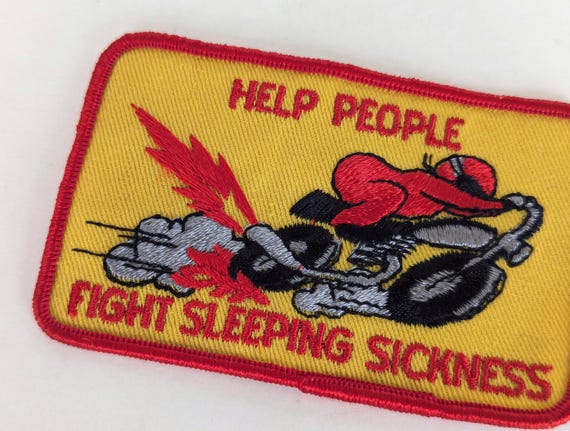 VTG 1970s/80s "Help People Fight Sleeping Sickness" Motorcycle Racing Embroidered Patch- Novelty Clothing Accessory Craft Sewing Supplies View 3
