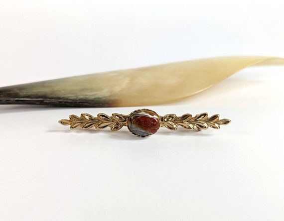 Vintage Jasper Gemstone Bar Style Brooch Pin w/ L… - image 1
