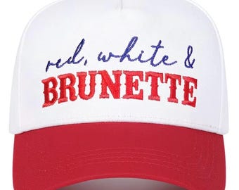 Red White & Brunette Trucker Hat | Patriotic Country Girl Hat | USA Foam Snapback Cap | Cute Summer Americana Hat | Fourth of July Outfit
