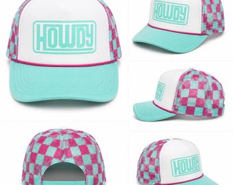 Howdy Trucker Hat | Pink & Teal Checkered Hat | Western Cowgirl Hat | Cute Summer Trucker Cap | Country Concert Outfit Hat