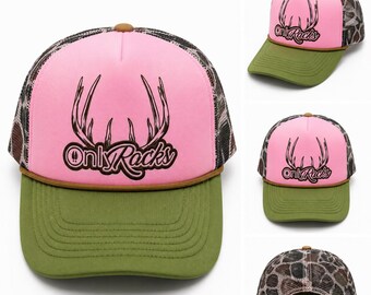 Only Racks Trucker Hat | Funny Hunting Hat for Women | Pink & Olive Deer Antler Hat | Western Country Girl Snapback | Cute Outdoors Cap