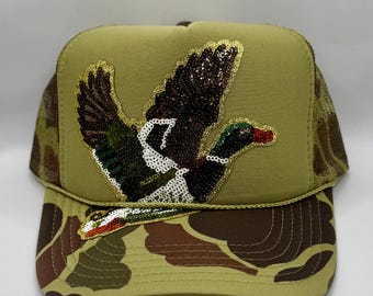 Girly Camo Hat with Sequin Duck Patch | Women’s Hunting Hat | Cute Country Hat | Duck Hunting Cap | Outdoor Girl Baseball Hat | Lake Life Ha