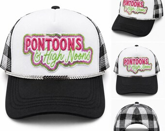 Pontoons & High Noons Trucker Hat | Funny Lake Hat | Pontoon Boat Hat | Lake Life Drinking Hat | Summer Boat Party Hat | Neon Lake Hat