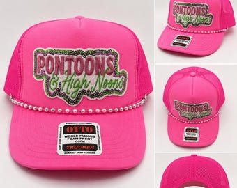 Pontoons & High Noons Trucker Hat | Funny Lake Hat | Pontoon Boat Hat | Lake Life Drinking Hat | Summer Boat Party Hat | Neon Lake Hat
