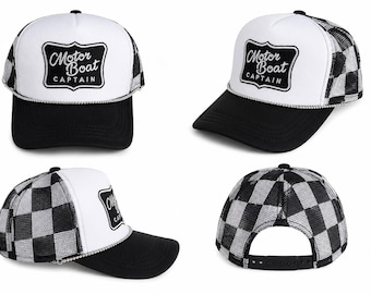 Motor Boat Captain Trucker Hat | Black & White Checkered Snapback Hat | Lake Life Hat | Boating Hat | Summer Trucker Cap | Cute Boat Hat