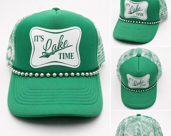 Mint Green “It’s Lake Time” Trucker Hat | Cute Summer Lake Hat for Women | Pearl Chain Mesh Hat | Lake Life Vacation Cap | Boho Lake Outfit
