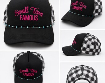 Small Town Famous Trucker Hat | Neon Pink Western Hat | Buffalo Plaid Mesh Hat | Turquoise Beaded Trucker Cap | Country Girl Hat