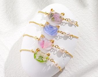 Pulsera personalizada con flor de nacimiento para gato y perla, joyería conmemorativa para gatos con flores prensadas, regalo de condolencia por la pérdida de un gato, regalo para la dueña de un gato