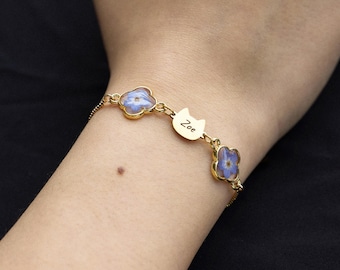 Forget Me Not Flower Cat Memorial Bracelet, Custom Cat Name Bracelet, Cat Loss Gift for Cat Mom, Cat Sympathy Jewelry