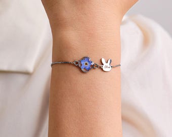 Pulseira com nome de coelho e flor Não-Me-Esqueças, joia memorial para coelhos, presente personalizado para quem perdeu um animal de estimação, lembrança de coelho, presente para amantes de coelhos.