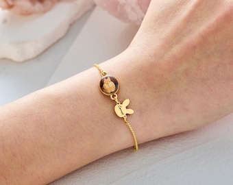 Custom Rabbit Photo & Name Bracelet, Bunny Memorial Jewelry with Engraved Bunny Name Charm, Rabbit Loss Gift for Bunny Lover