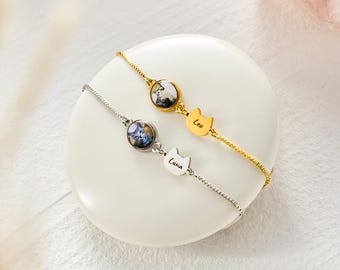 Cat Memorial Bracelet, Custom Cat Photo & Name Bracelet, Cat Loss Jewelry Gift for Cat Mom, Pet Sympathy Gift, Pet Lover Gift