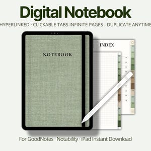 Peut inclure: Carnet numérique sur une tablette avec le mot "NOTEBOOK" sur la couverture. L'image comprend un stylet blanc et une page avec un index. Le texte sur l'image indique "HYPERLINKED - CLICKABLE TABS INFINITE PAGES - DUPLICATE ANYTIME".