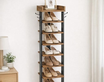 Zapatero de madera – Organizador vertical delgado para recibidor con ganchos