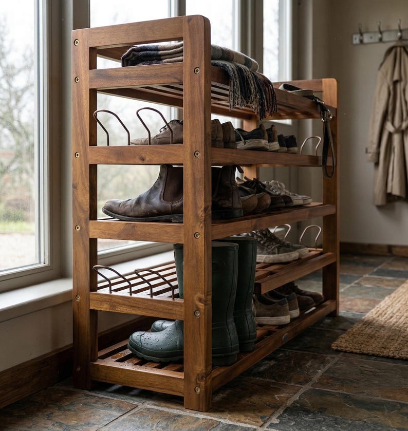 May include: A wooden shoe rack with multiple shelves, holding various shoes, boots, and a folded blanket. The rack is made of dark brown wood and is positioned near a window. The shoes include brown leather boots and green rain boots.