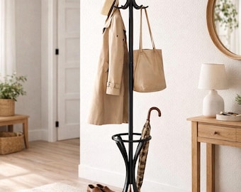 Perchero de madera maciza con ganchos giratorios, paragüero y perchero independiente.