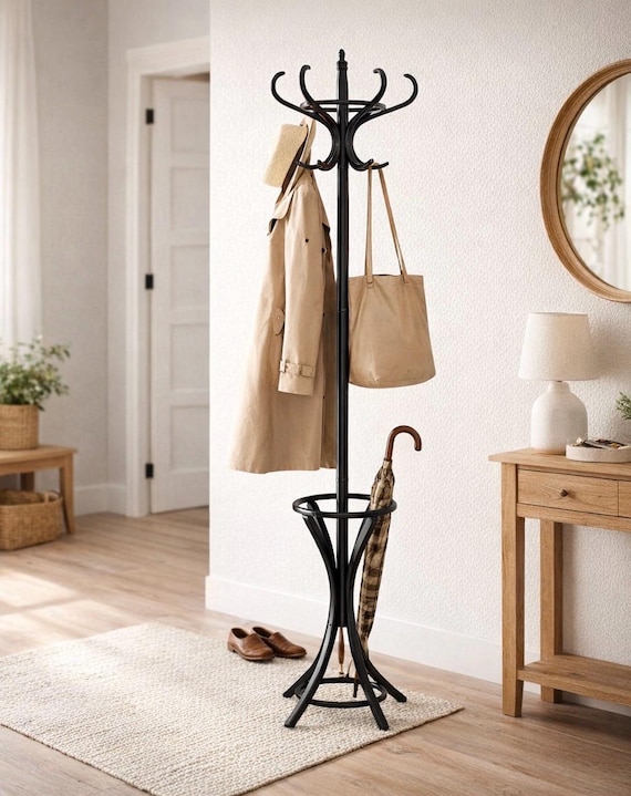 Solid Wood Coat Rack – Rotating Hooks, Umbrella Holder, Freestanding Hat Stand