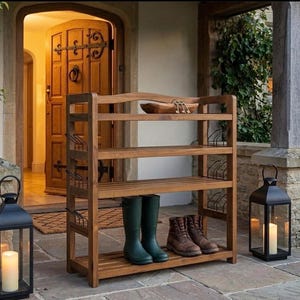 May include: A wooden shoe rack with four shelves, holding green rain boots and brown leather boots. The top shelf has a wooden bowl and keys. The rack is outside a doorway, with lanterns on either side.