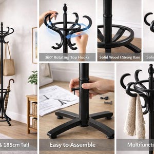 May include: A black freestanding coat rack, 185cm tall, with multiple hooks for coats, hats, and bags. Features a solid wood base and rotating top hooks. Includes an umbrella holder. The text reads "Freestanding & 185cm Tall" and "Easy to Assemble".
