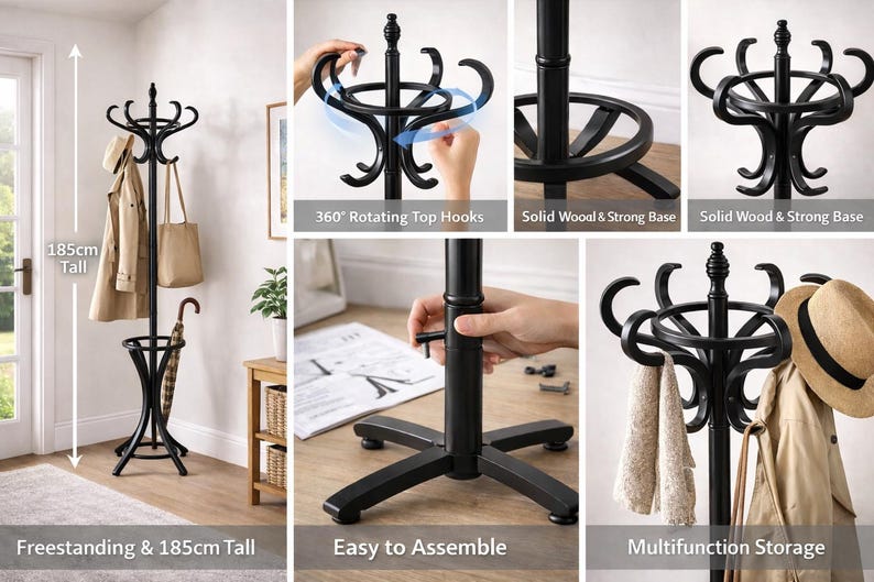 May include: A black freestanding coat rack, 185cm tall, with multiple hooks for coats, hats, and bags. Features a solid wood base and rotating top hooks. Includes an umbrella holder. The text reads "Freestanding & 185cm Tall" and "Easy to Assemble".