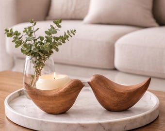 Acacia Wood Bird Statues Set, Modern Minimalist Home Decor — Couple Gift