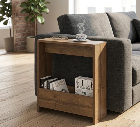 Wooden Slim line Sofa Side Table: End Table with Storage