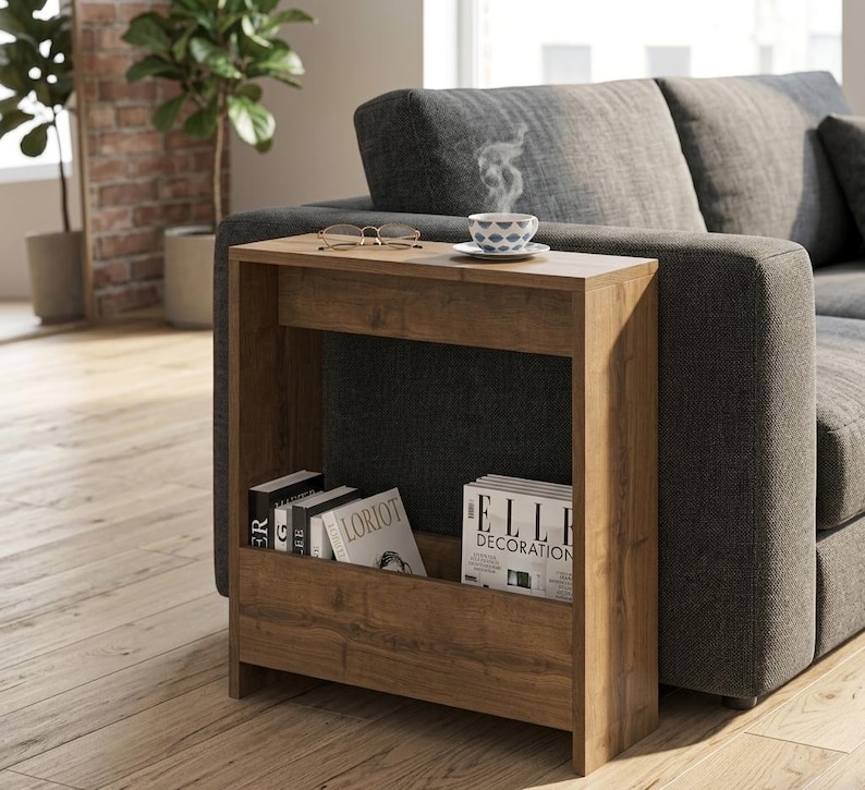 May include: A wooden side table with a built-in magazine rack. The table is a warm brown color and has a rectangular shape. A cup of coffee and eyeglasses sit on top. Magazines and books are visible in the rack.