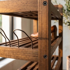 May include: A wooden shoe rack with multiple shelves. The rack is made of dark brown wood and features metal supports. A pair of brown shoes is visible on one of the shelves. The rack is designed for shoe storage.