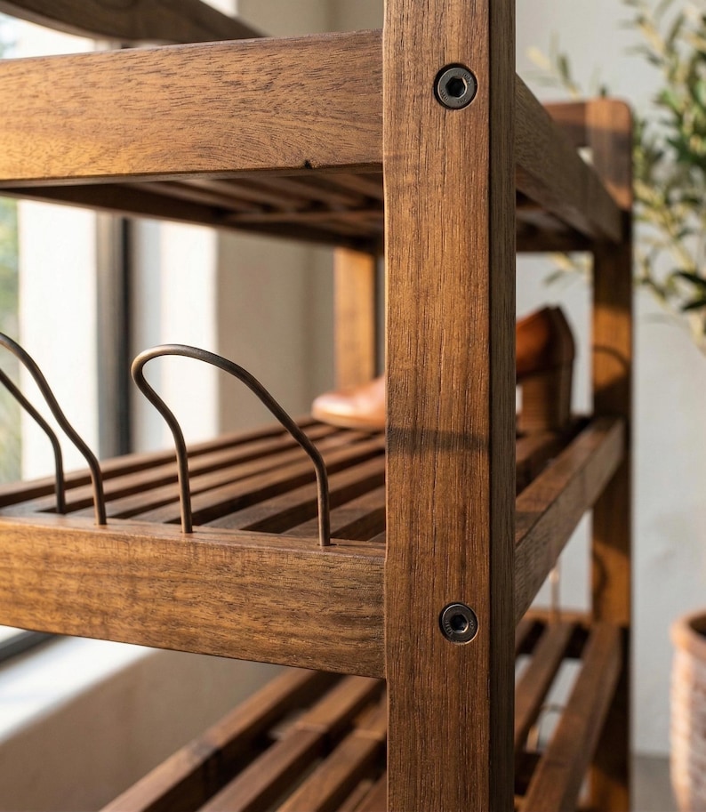 May include: A wooden shoe rack with multiple shelves. The rack is made of dark brown wood and features metal supports. A pair of brown shoes is visible on one of the shelves. The rack is designed for shoe storage.