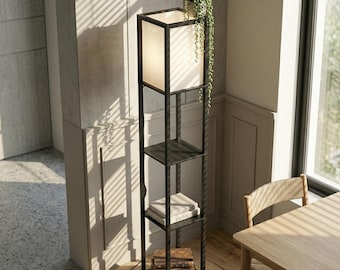Modern Wooden Floor Lamp with Shelves | Warm LED Storage Lighting
