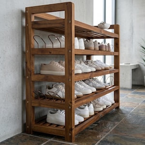 May include: A wooden shoe rack with five shelves, filled with various pairs of sneakers. The rack is made of dark brown wood and has metal dividers to hold the shoes in place. The shoes are in shades of white, beige, and gray.
