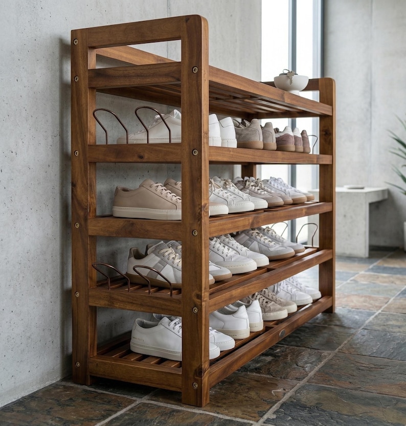 May include: A wooden shoe rack with five shelves, filled with various pairs of sneakers. The rack is made of dark brown wood and has metal dividers to hold the shoes in place. The shoes are in shades of white, beige, and gray.