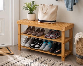 Shoe Rack Bench –  3‑Tier Shoe Organizer & Storage Shelf – Entryway Hallway Bathroom Living Room Furniture
