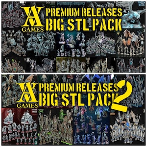 Può includere: Un collage di miniature stampate in 3D, che mostra una varietà di creature e personaggi fantasy. L'immagine presenta il testo "A GAMES PREMIUM RELEASES BIG STL PACK" in giallo. Le miniature sono in varie pose e design.