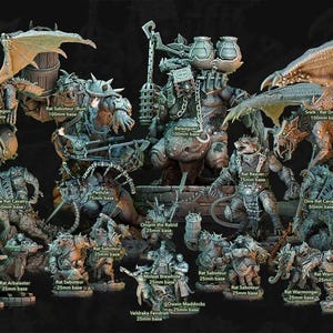 May include: A selection of fantasy miniatures, featuring rat-like beings, dragons, and other monsters. The figures are in diverse poses, with detailed armour and weaponry. The title "The Affliction: OVERRUN" is displayed at the top.