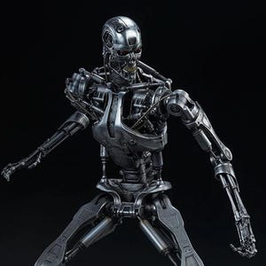 May include: A detailed, metallic Terminator endoskeleton figure. The figure is silver with visible mechanical components, including a skull-like head with red eyes. The arms are outstretched, and the figure is posed against a black background.